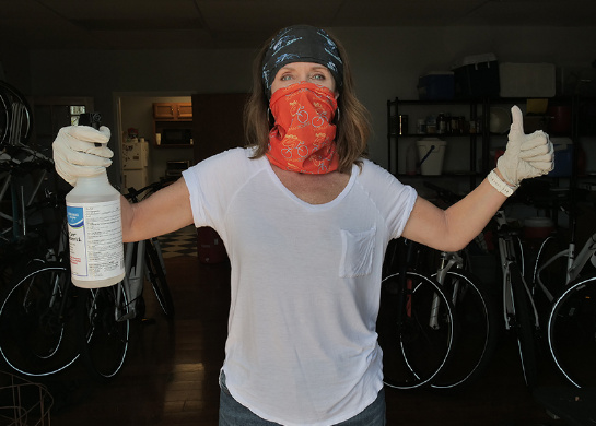 Bike our specialist Michelle Cooley is armed with sanitizer