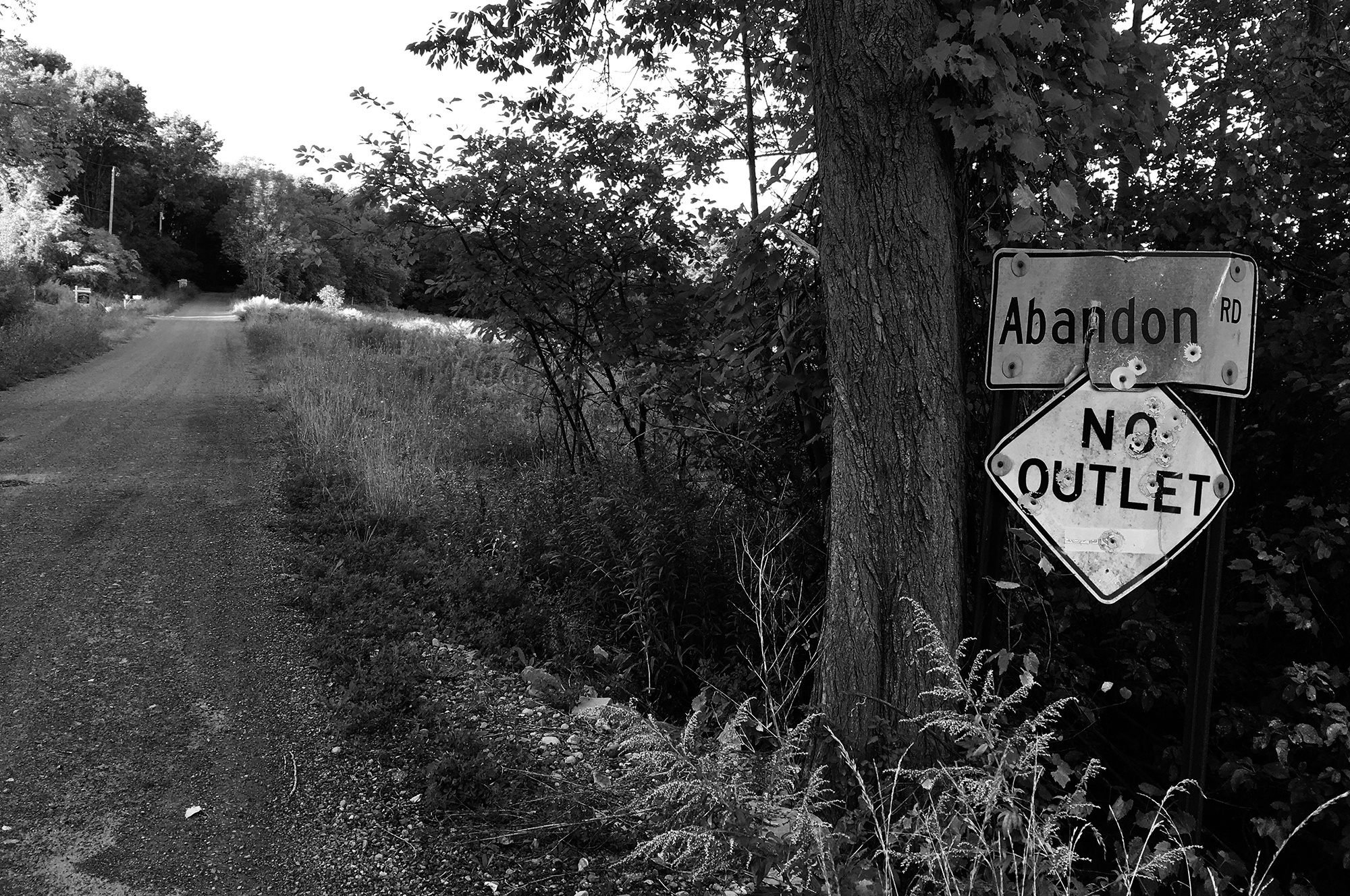 Road with signs that say Abandon Rd and No Outlet.