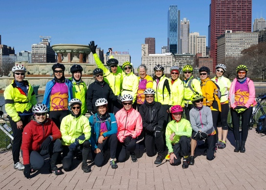 WomanTours' Route 66 epic bike tour group gets ready to leave downtown Chicago