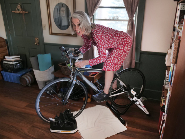 Karen Miltner on her bike indoors