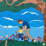 drawing of teaching a kid how to ride a bike R Community Bikes