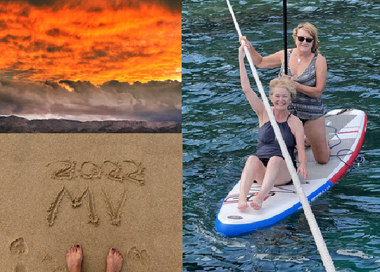 This is a photo montage of five images: A sunset, two women on a kayak, feet in the sand, a field of horses, and a woman standing alone on a beach.