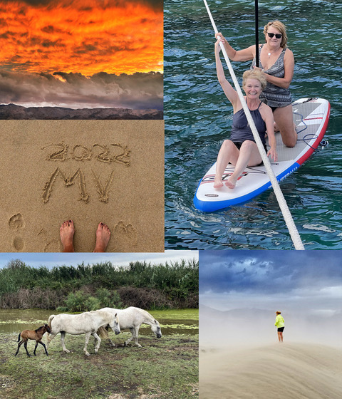 This is a photo montage of five images: A sunset, two women on a kayak, feet in the sand, a field of horses, and a woman standing alone on a beach.