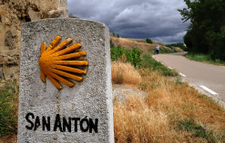 rock and a shell sign Spain Camino de Santiago bike tour